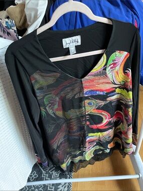 Joseph Ribkoff Black Top with Multicolor Swirl Print